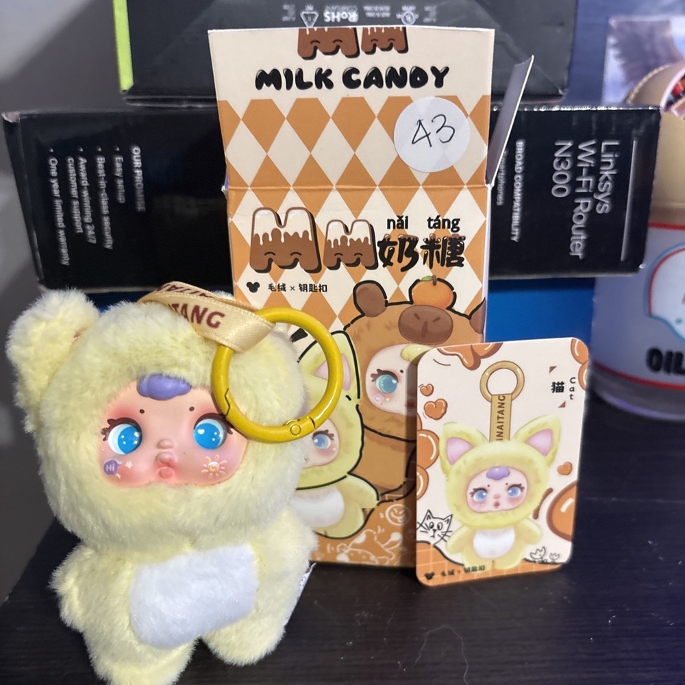 MM Milk Candy Series, Blind Box Plush Keychain yellow Chick Blue Eyes Opened